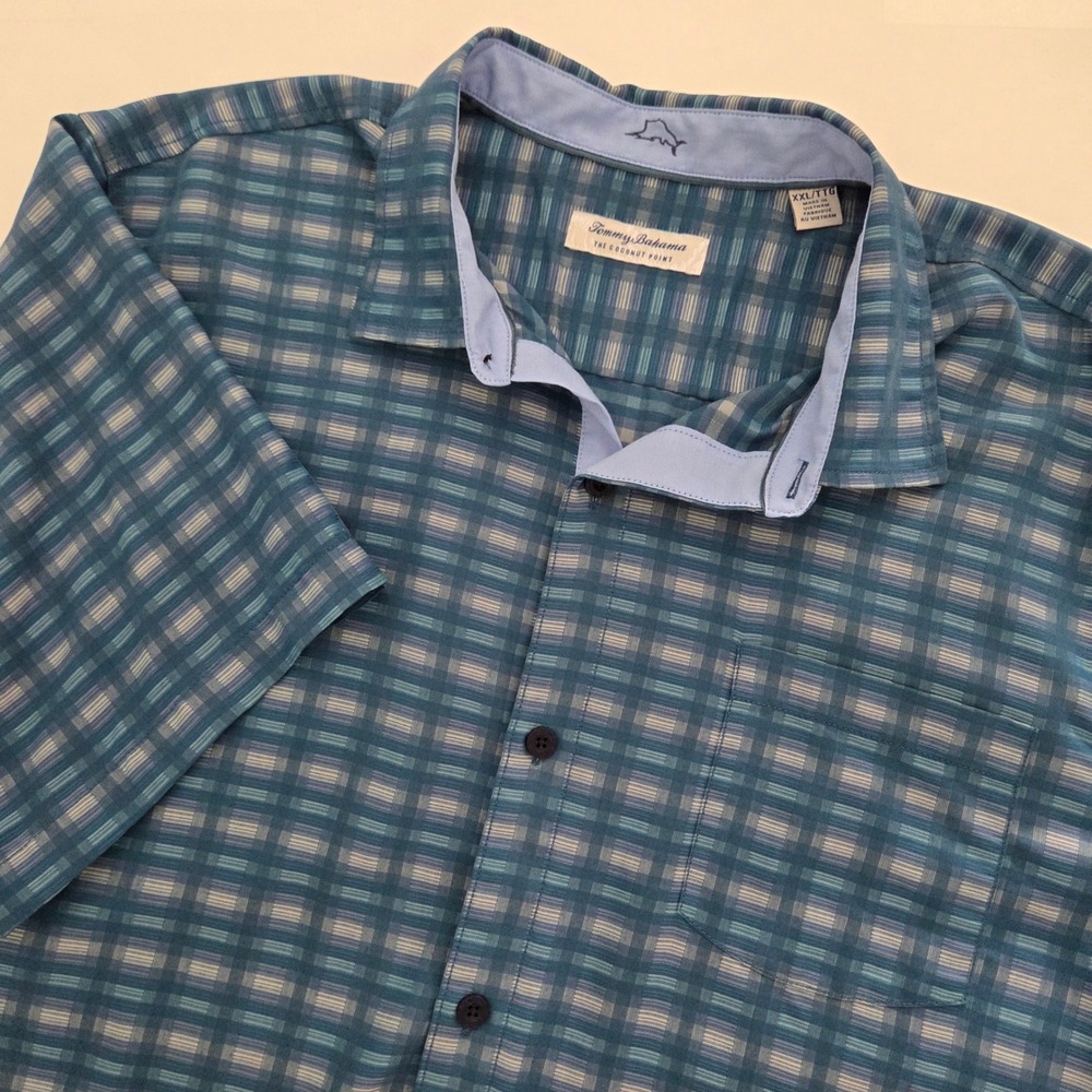 Tommy Bahama Shirt Blue Plaid Coconut Point Coolmax Mens XXL